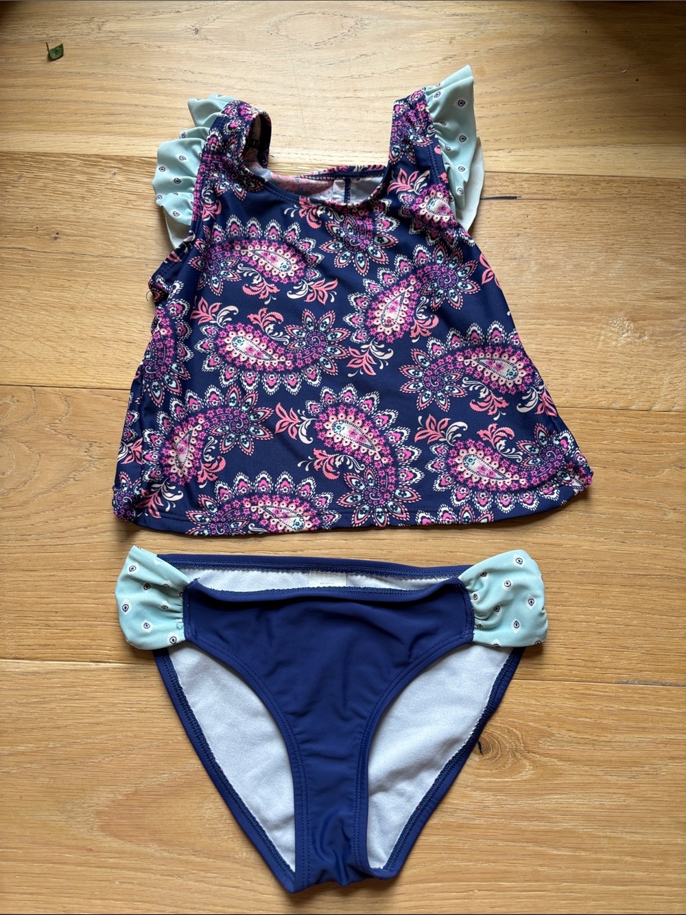 Girls' Navy Pink Paisley Tankini Bikini with Mint Ruffle Accents